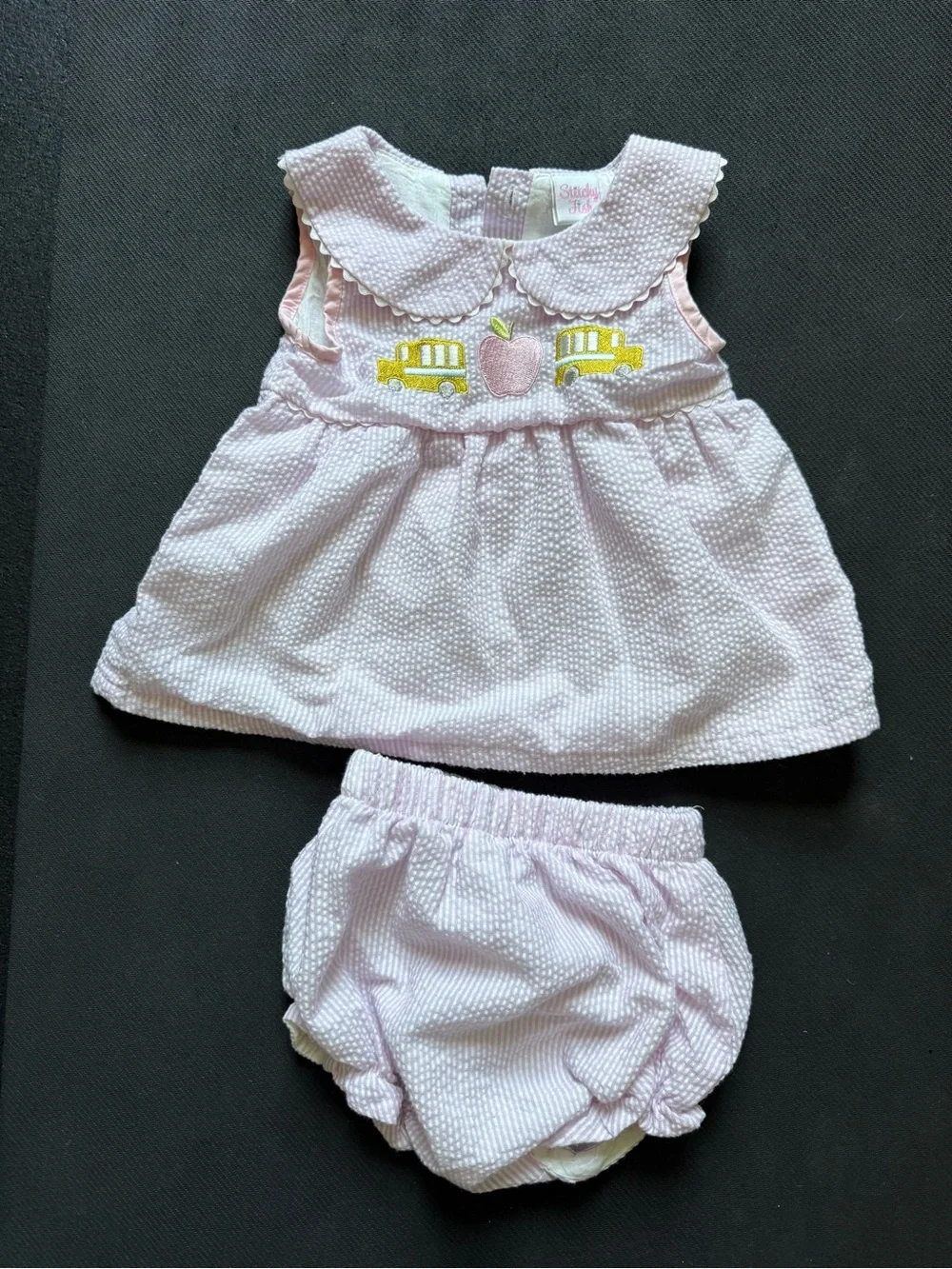Stitchy Fish Pink School Bus Apple Seersucker Bloomer Set Baby Girl 12M